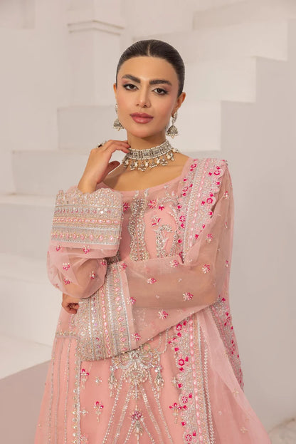 Prisa luxury Pakistani party wear in powder pink with intricate handwork