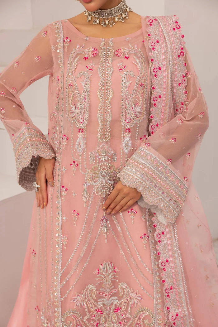 Close-up of Prisa hand embellished powder pink organza shirt with embroidery