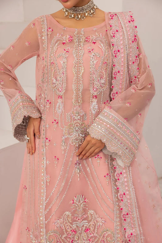 Close-up of Prisa hand embellished powder pink organza shirt with embroidery