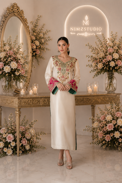 Full-length view of Poskari luxury cream raw silk embroidered 3 piece Pakistani suit with elegant silhouette and premium formal wear styling.
