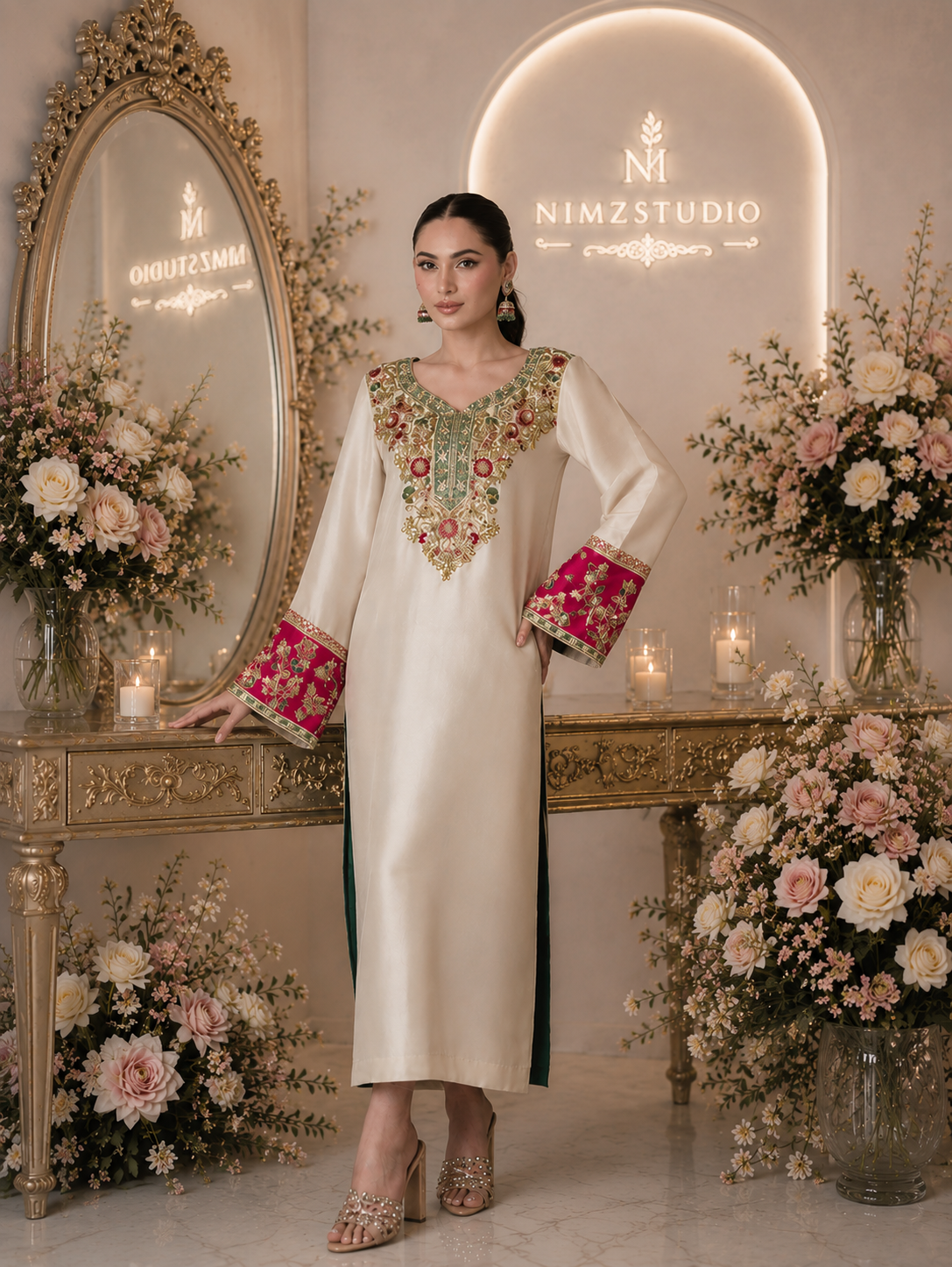 Poskari luxury raw silk embroidered 3 piece suit in cream featuring heavy handcrafted neckline embroidery and embroidered sleeves, Pakistani designer inspired formal wear.