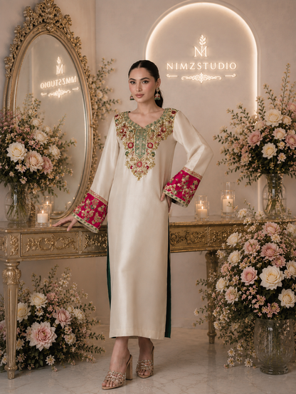 Poskari luxury raw silk embroidered 3 piece suit in cream featuring heavy handcrafted neckline embroidery and embroidered sleeves, Pakistani designer inspired formal wear.