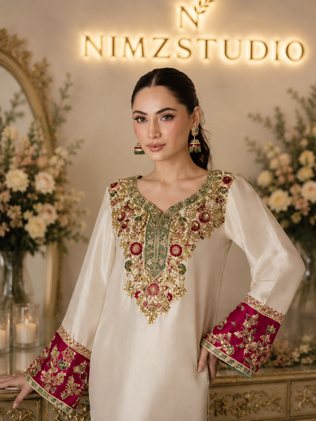 Close-up of Poskari luxury raw silk embroidered shirt showcasing premium handcrafted neckline with floral embroidery, stones and luxury detailing.