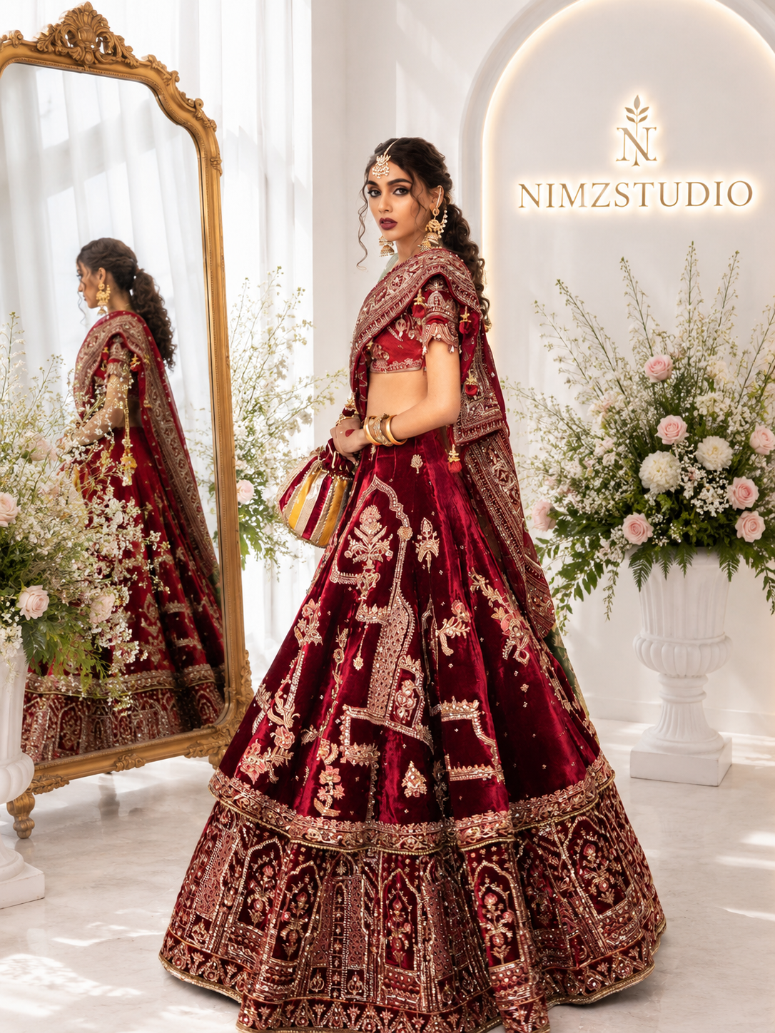 Back side view of Hussain Rehar RAAQS inspired luxury Pakistani bridal maxi with embroidered trail
