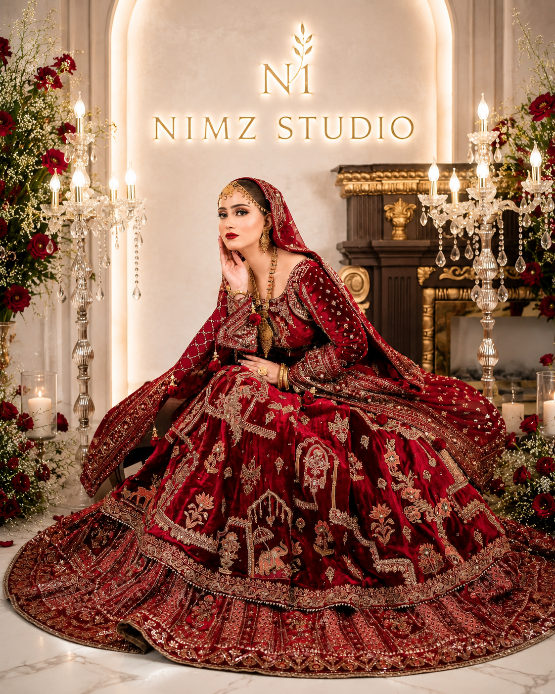 Front view of Hussain Rehar RAAQS inspired bridal maxi featuring heavy embroidered Pakistani luxury wedding outfit