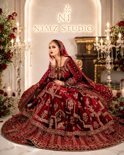 Front view of Hussain Rehar RAAQS inspired bridal maxi featuring heavy embroidered Pakistani luxury wedding outfit