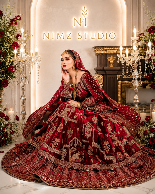 Front view of Hussain Rehar RAAQS inspired bridal maxi featuring heavy embroidered Pakistani luxury wedding outfit