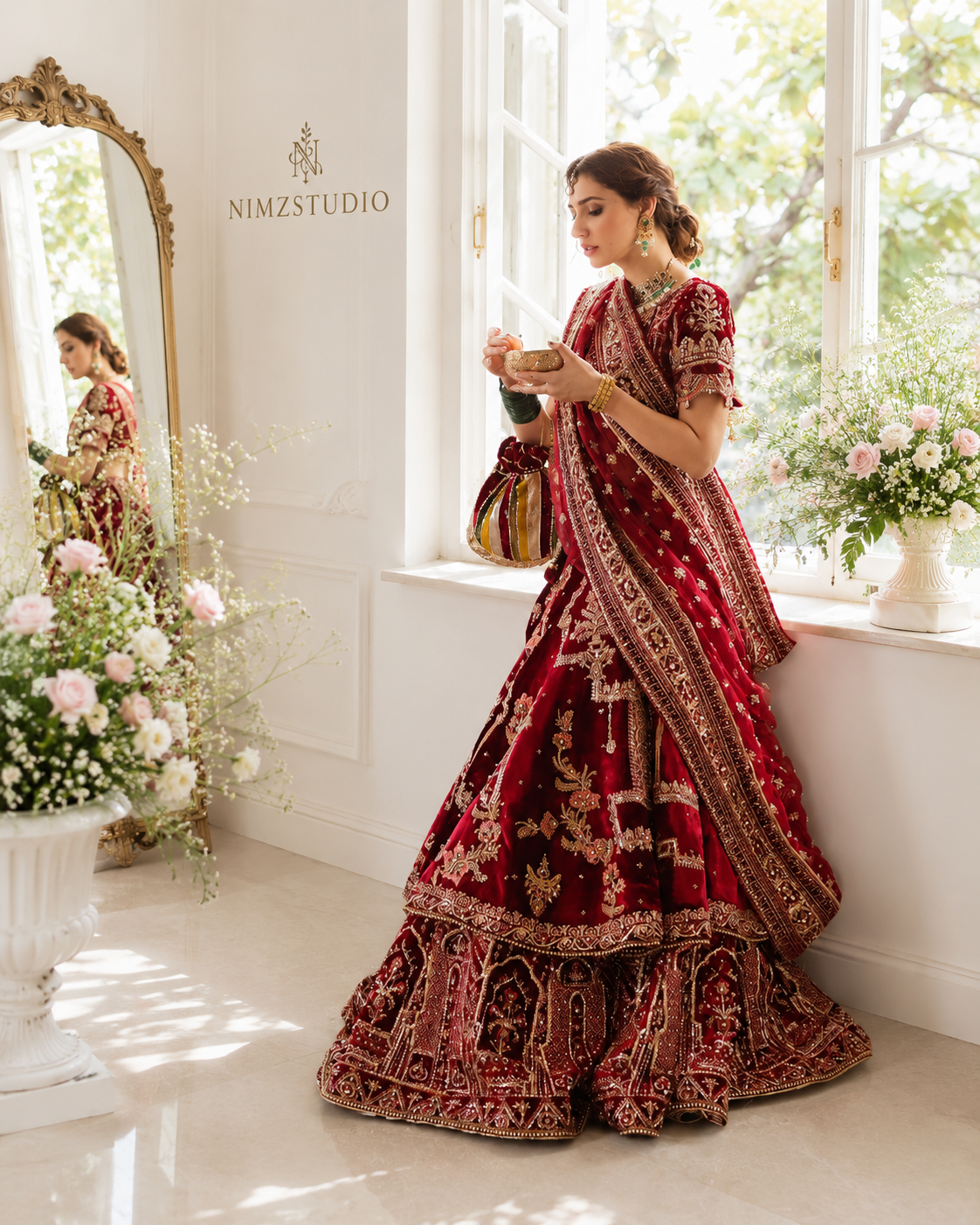 Full length Hussain Rehar RAAQS inspired Pakistani bridal dress in maroon with handcrafted embroidery
