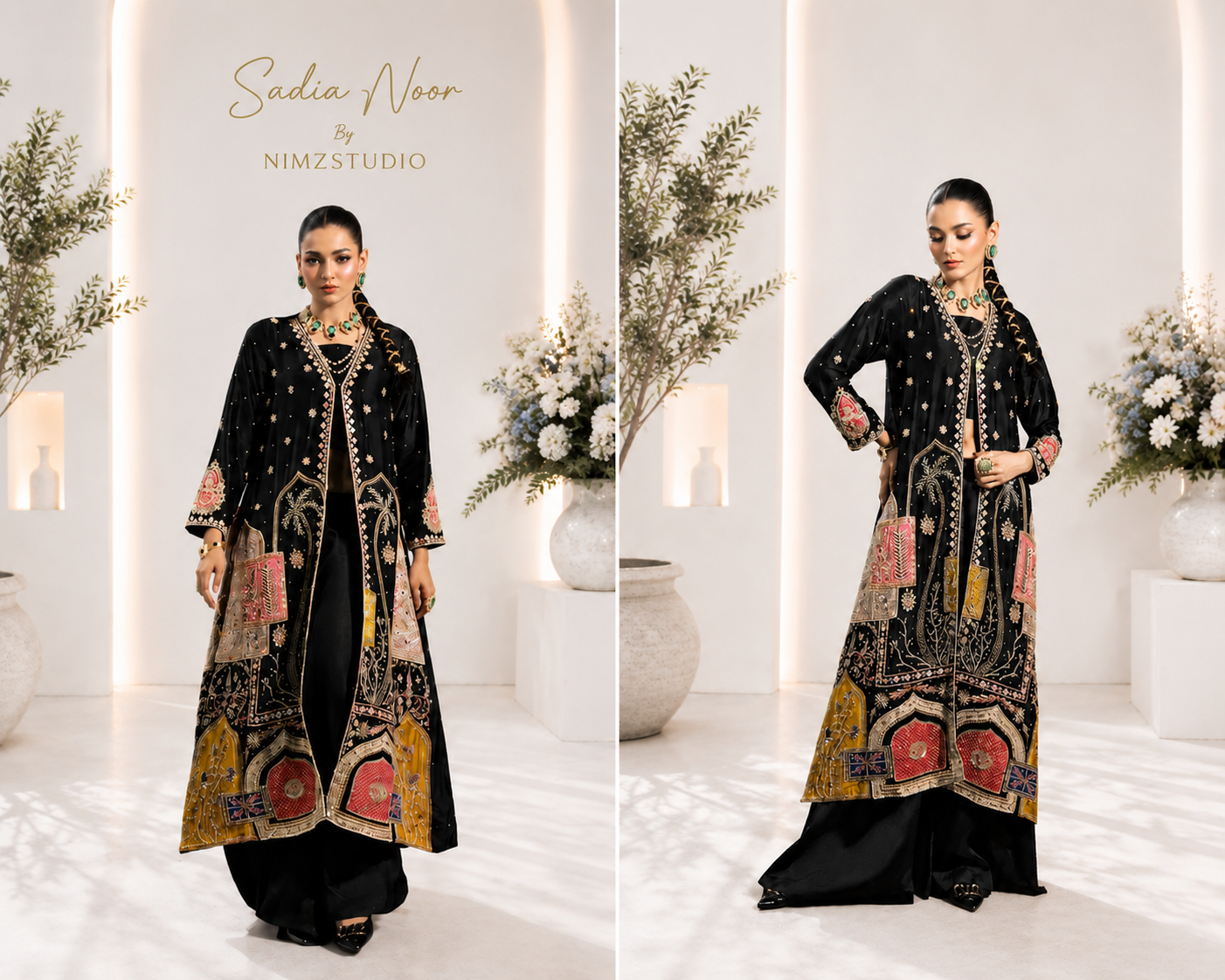 Saira Noor inspired black Pakistani designer embroidered 3-piece party wear dress featuring front view, full outfit, luxury detailing and elegant styling for wedding and festive wear | Nimzcollection