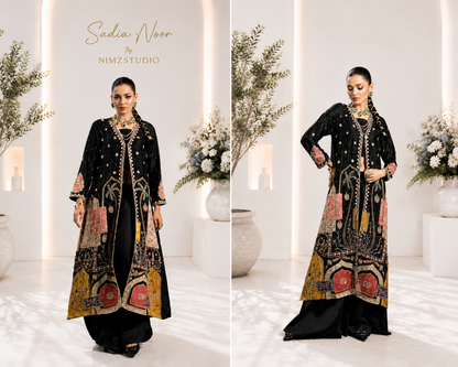 Saira Noor inspired black Pakistani designer embroidered 3-piece party wear dress featuring front view, full outfit, luxury detailing and elegant styling for wedding and festive wear | Nimzcollection