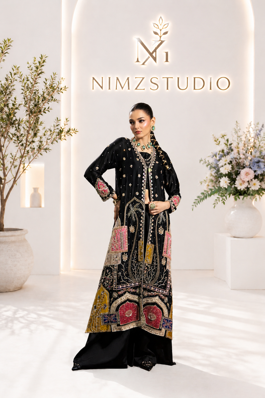 Saira Noor inspired black Pakistani designer embroidered 3-piece party wear dress with luxury floral detailing, elegant wedding outfit for women, available with worldwide shipping to UK, USA, Canada, Europe, India and Bangladesh | Nimzcollection