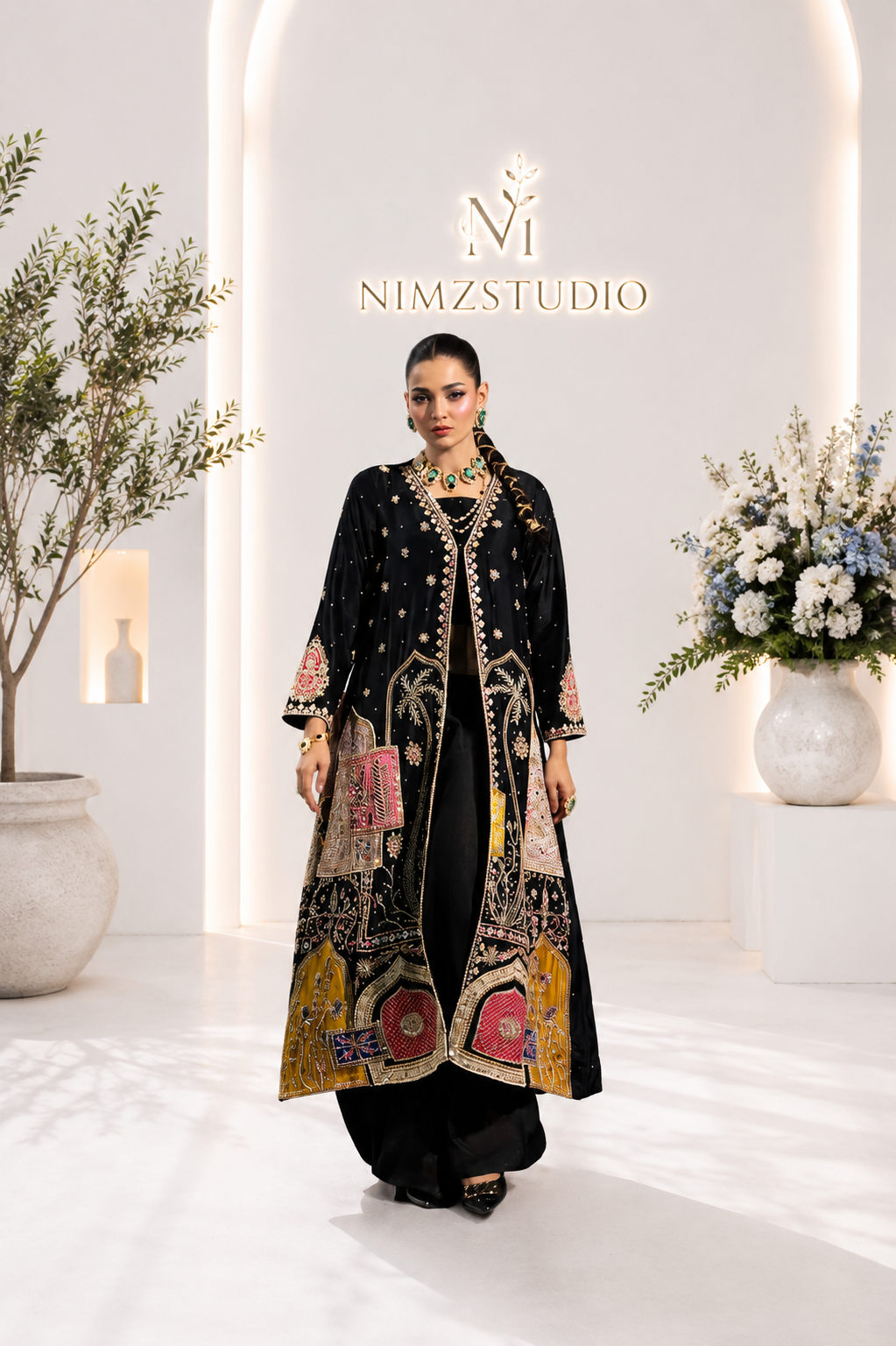 Full-length Saira Noor inspired black Pakistani designer embroidered party wear 3-piece dress with floral border, perfect for wedding, Eid and formal occasions | Nimzcollection