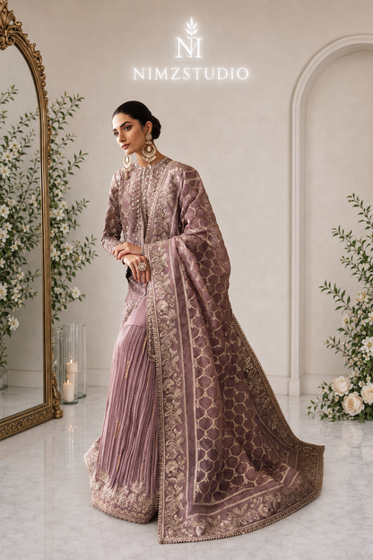 Sehar by Soraya dusty mauve Pakistani wedding wear featuring a hand-embellished organza shirt, crushed sharara and embroidered drape dupatta.
