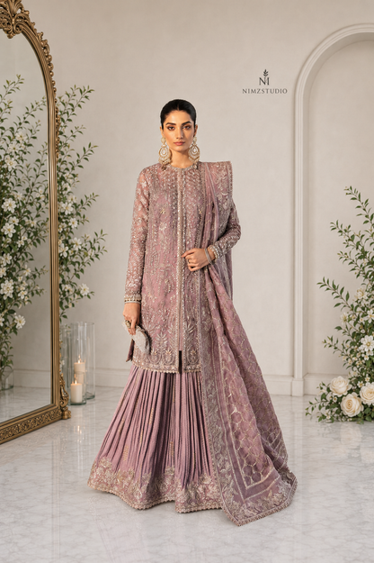 Sehr by Soraya dusty mauve Pakistani 3PC outfit with embellished organza jacket, crushed sharara and drape dupatta