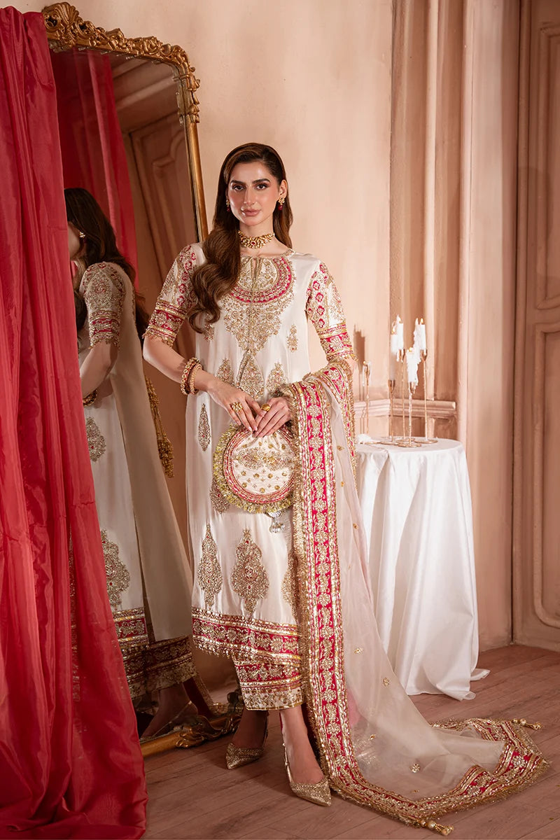 Luxury Pakistani party wear dress in off white silk for Nikkah Barat and Walima