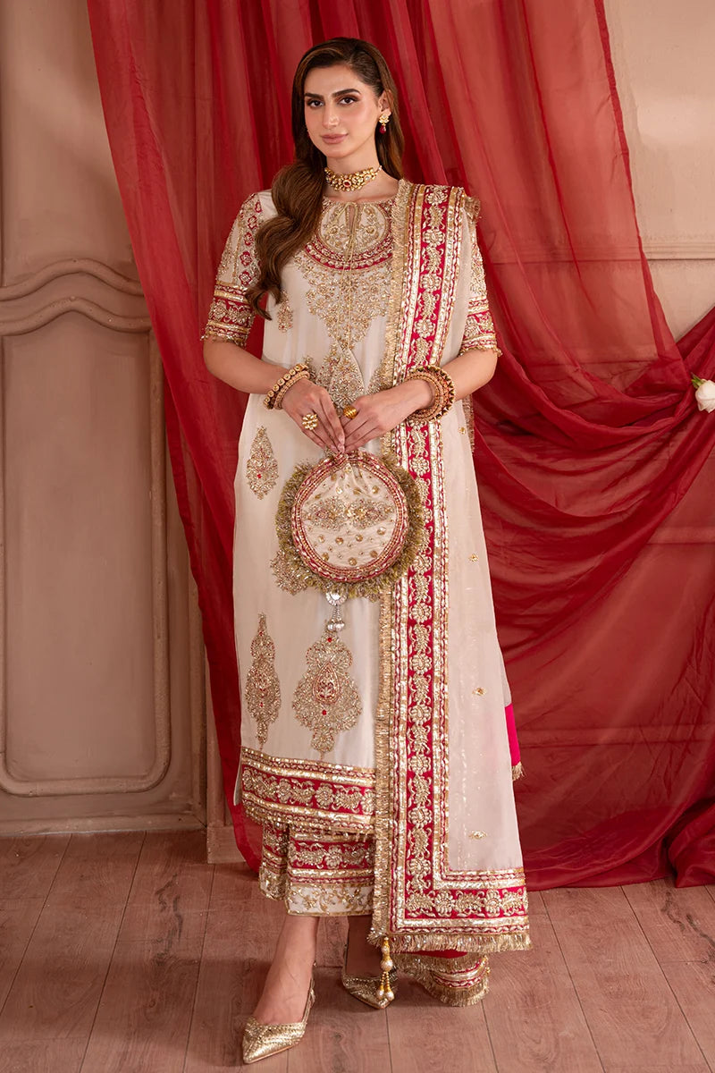 SOLARA Pakistani wedding dress in off white pure silk with handcrafted Zardozi and Naqshi work