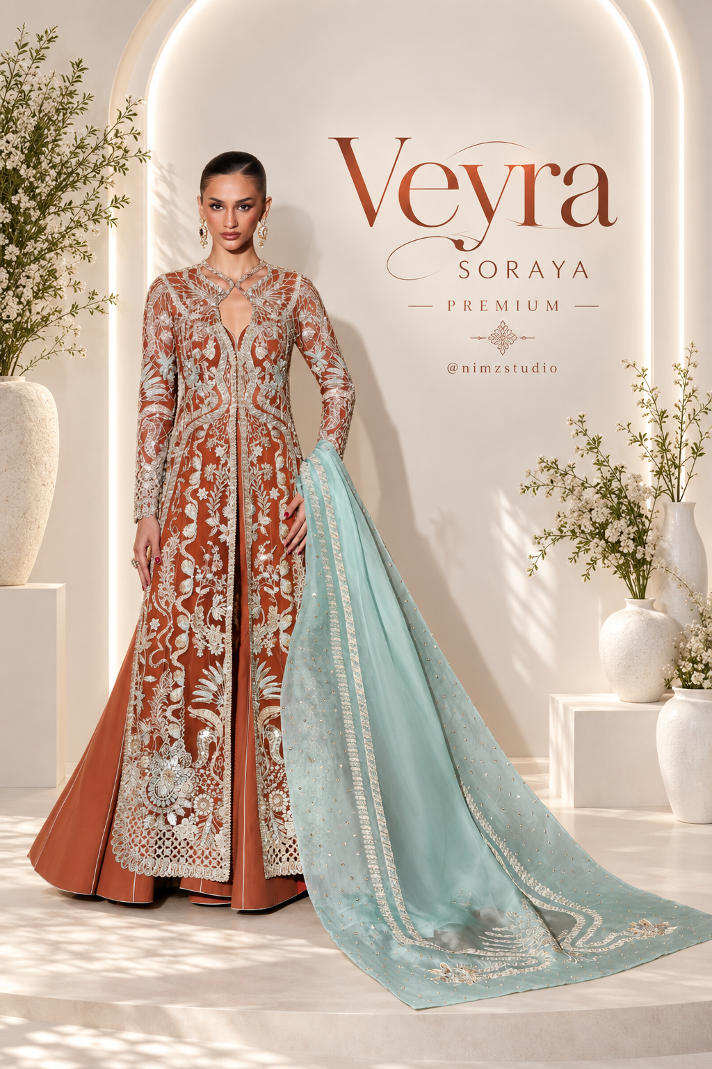 Veyra by Soraya burnt orange Pakistani luxury formal dress with aqua dupatta and front open net jacket