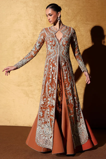 Veyra Soraya Pakistani designer wedding dress in burnt orange net with aqua dupatta and statement jacket