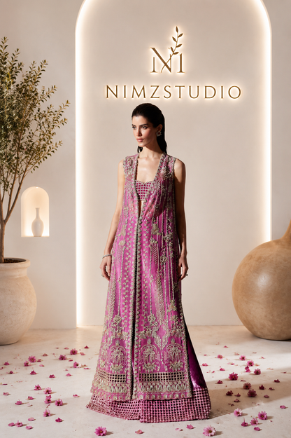 Verdant Soraya Inspired Luxury Sheesha Silk Party Wear Gown in Shocking Pink – Pakistani Designer Inspired Dress