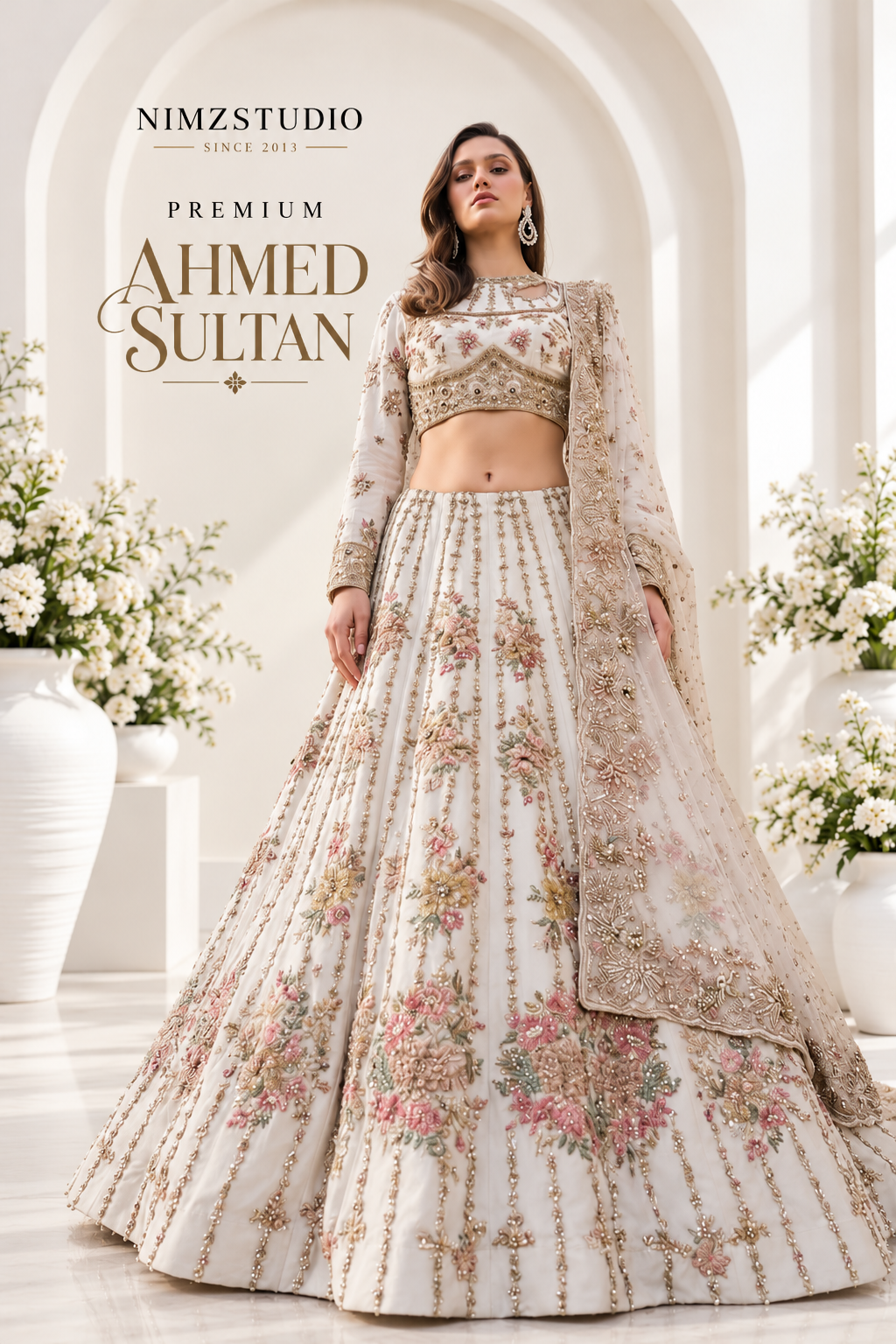 Full-length Ahmed Sultan ivory floral embroidered maxi lehenga with flowing skirt and embellished dupatta, luxury Pakistani wedding and Walima formal wear.