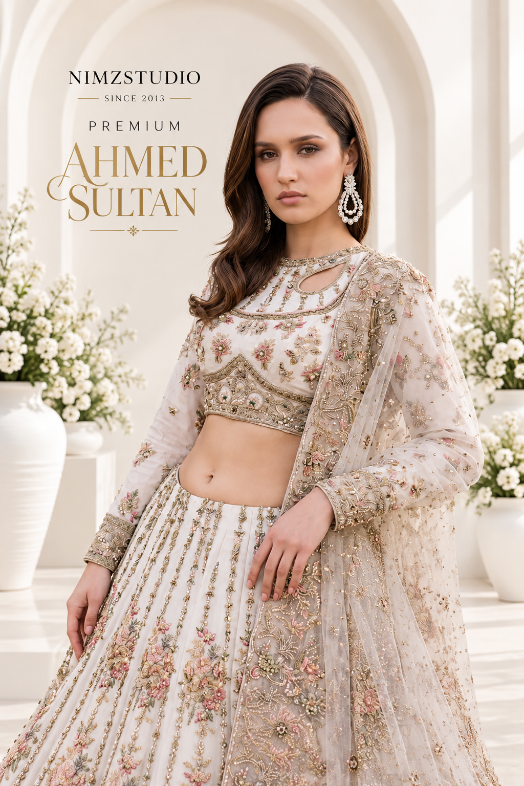 Ahmed Sultan Premium Pakistani designer lehenga featuring intricate embroidered blouse, floral embellishments, elegant neckline and luxury dupatta detailing.