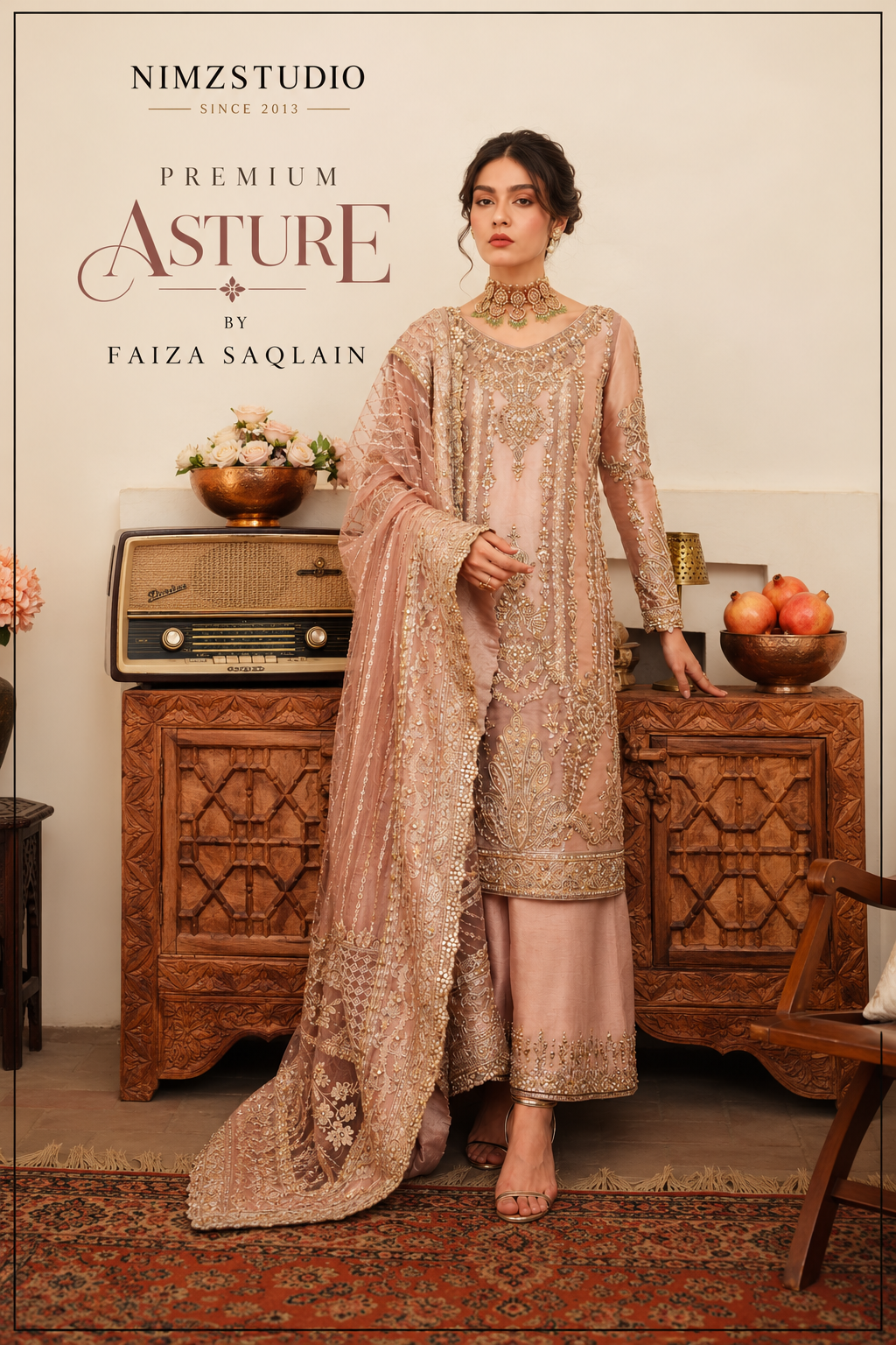 Asture by Faiza Saqlain 3-piece Pakistani designer outfit with embroidered organza shirt and net dupatta for wedding wear