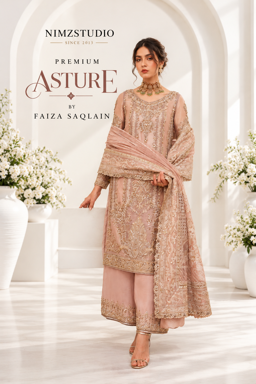 Full-length Asture by Faiza Saqlain Pakistani partywear outfit with luxurious handwork, organza shirt and matching dupatta
