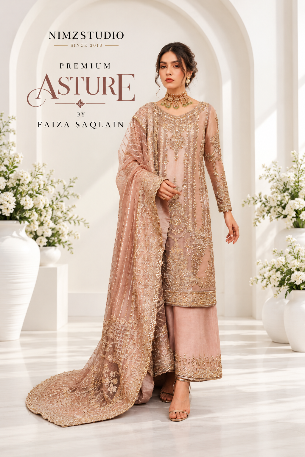 Asture by Faiza Saqlain premium Pakistani wedding dress featuring Kora Dabka handwork, organza fabric and net dupatta
