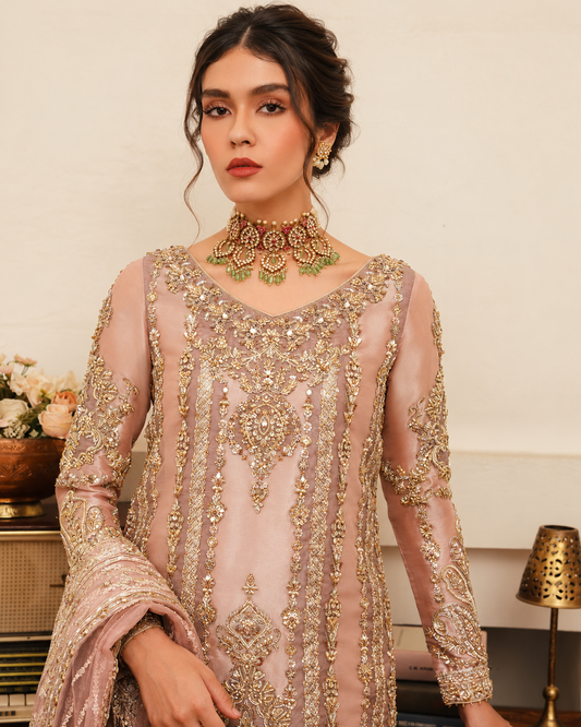 Close-up of Asture Faiza Saqlain luxury organza dress with intricate gold Kora Dabka embroidery and handcrafted embellishments