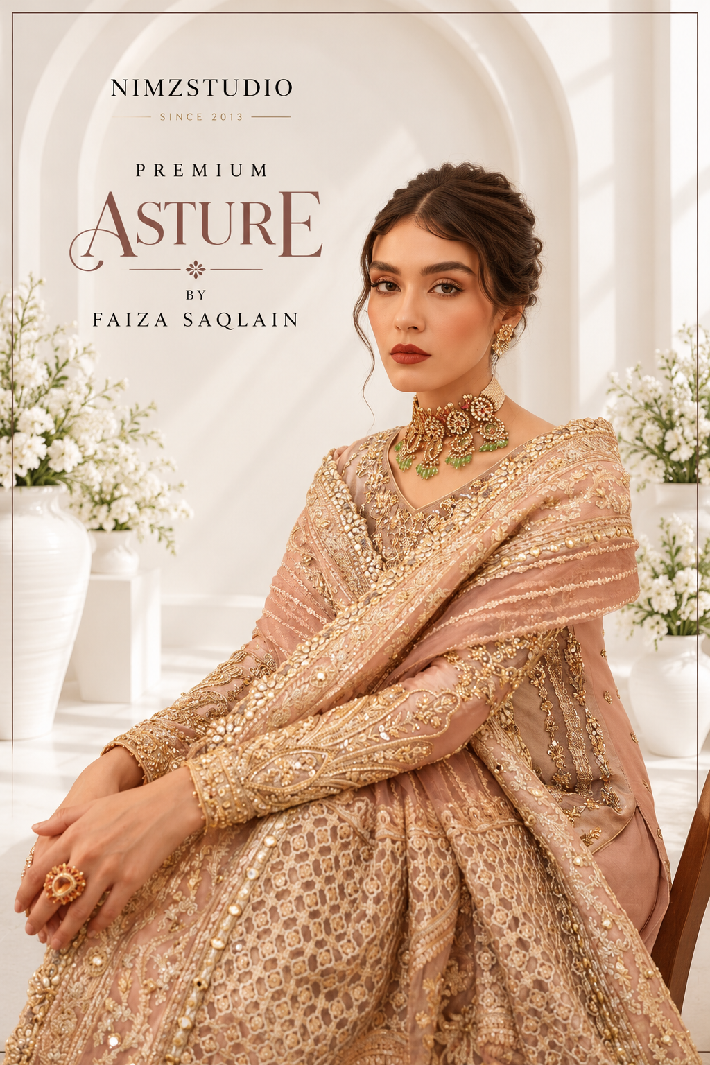 Asture Faiza Saqlain luxury formal dress styled with embroidered organza, handcrafted Kora Dabka details and net dupatta