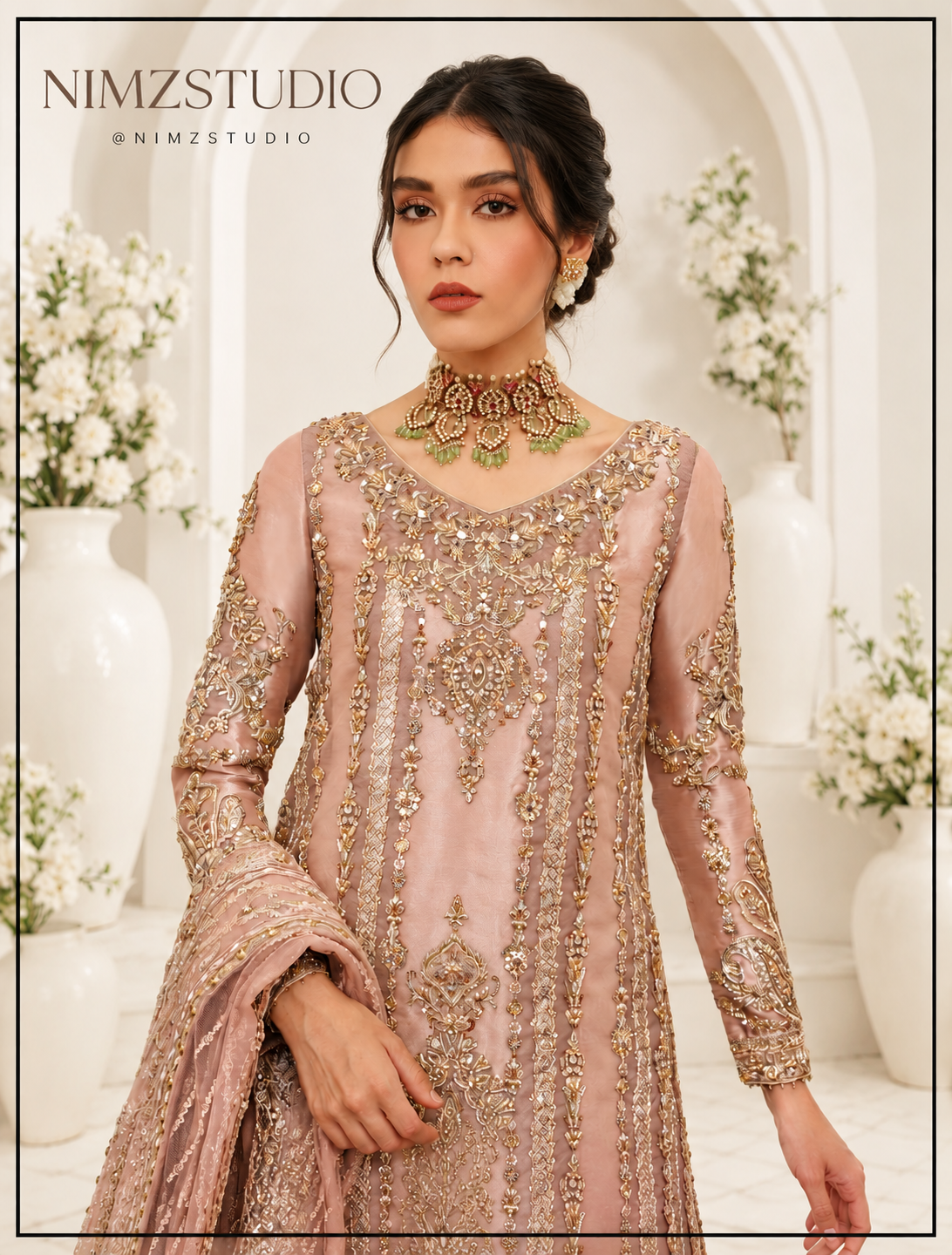 Asture premium Pakistani formal dress showcasing detailed Kora Dabka embroidery, applique work and embellished sleeves