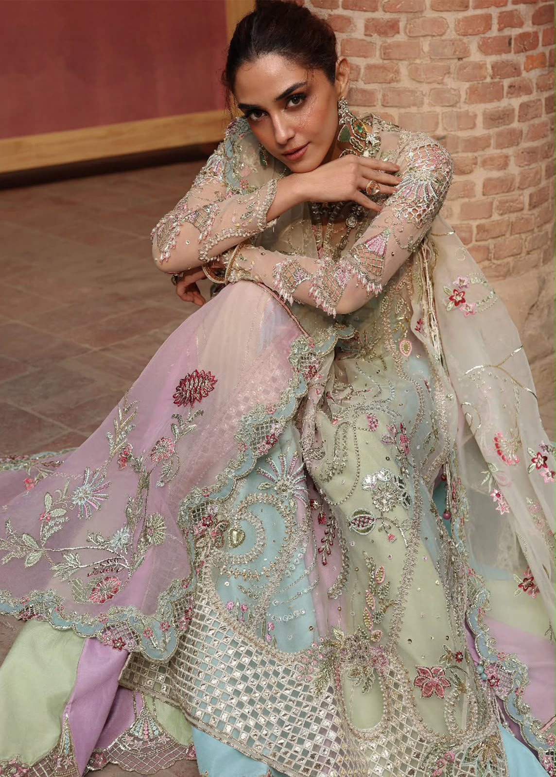 Crimson Rangoli Pakistani wedding wear outfit in pastel tones for parties and formal events