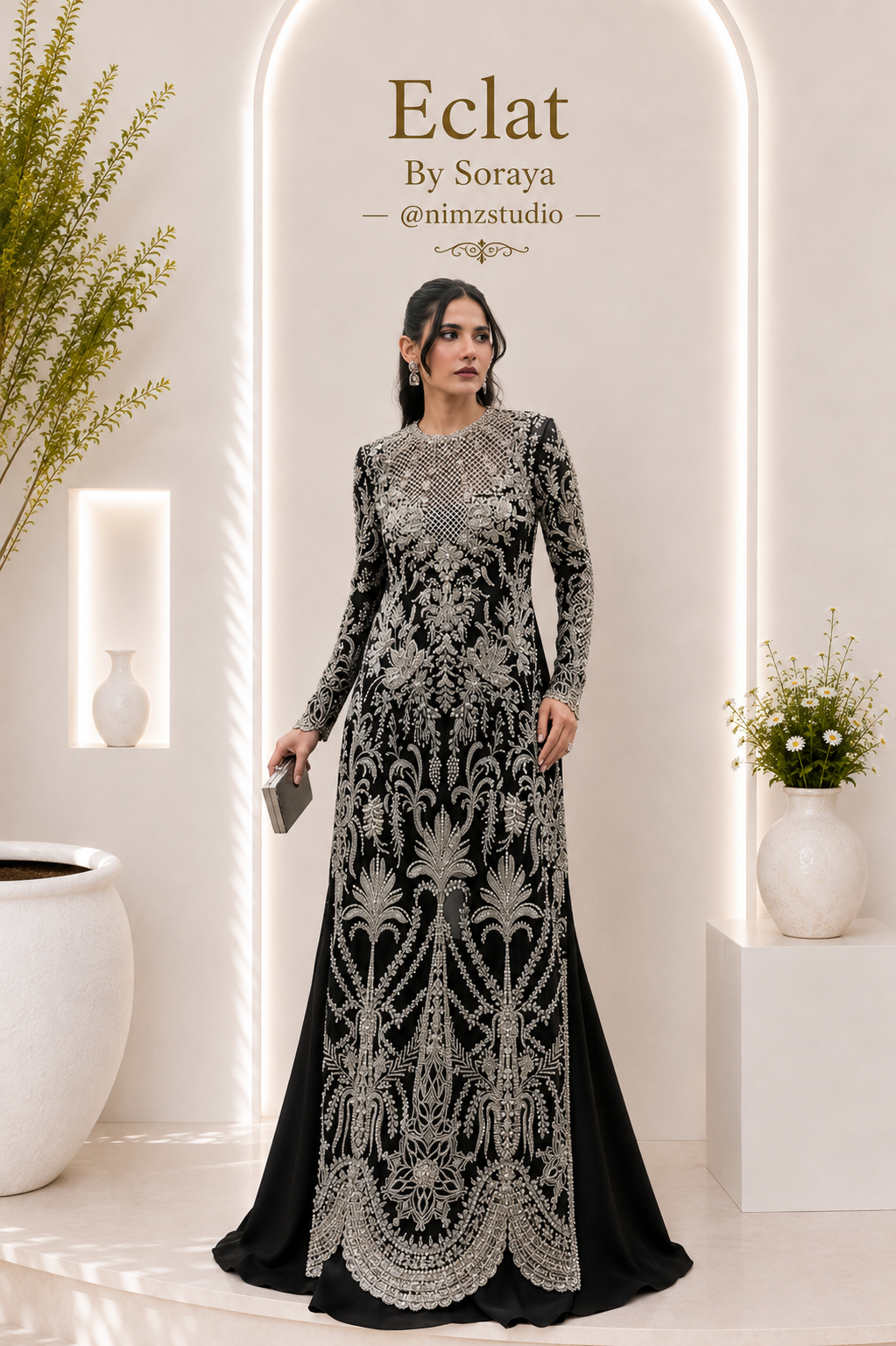 Luxury black Pakistani wedding wear dress in net with elegant embellishment