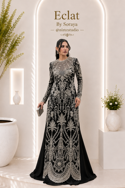 Luxury black Pakistani wedding wear dress in net with elegant embellishment