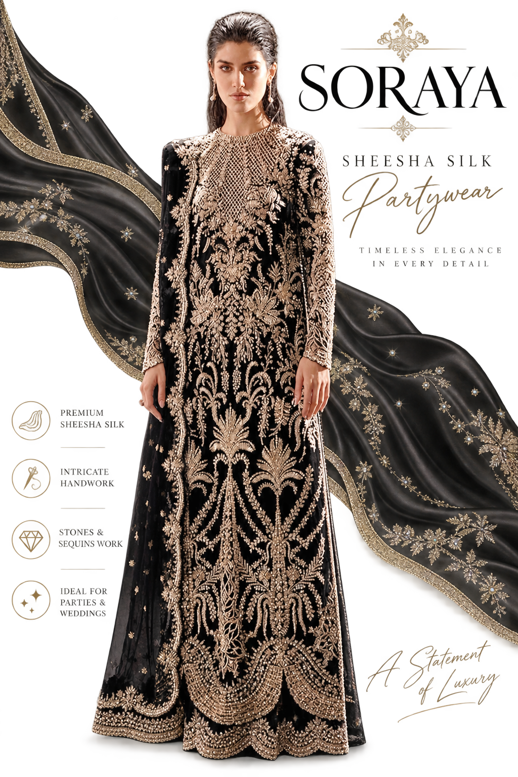 Eclat by Soraya Sheesha Silk Pakistani partywear dress with luxury handwork