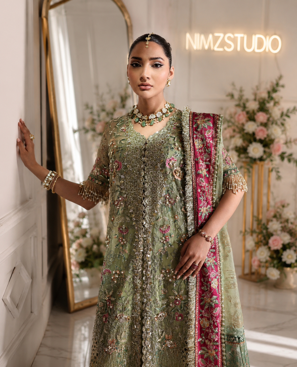 Éliane lime green embroidered organza Pakistani dress front view