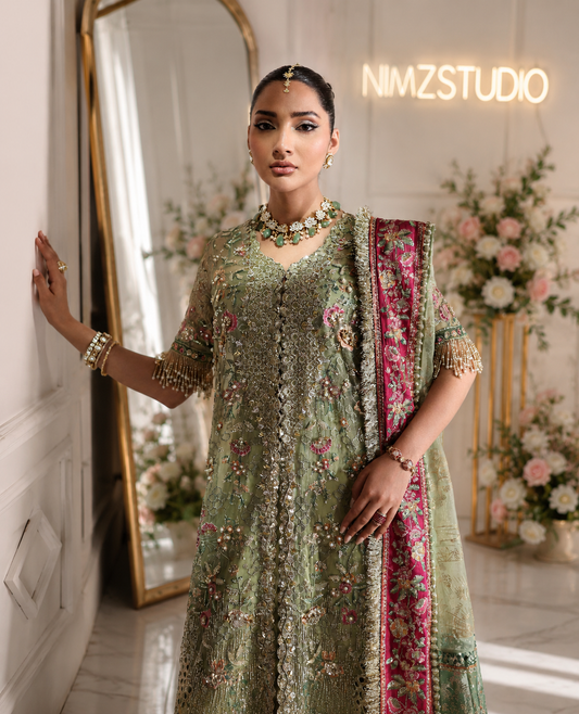 Éliane lime green embroidered organza Pakistani dress front view