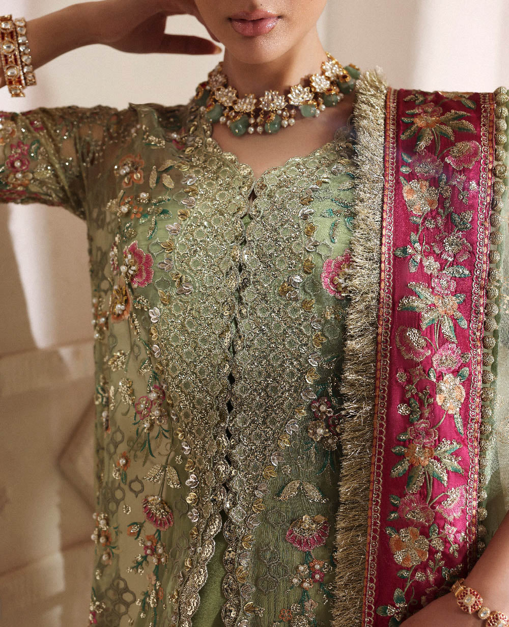 Éliane lime green organza dress intricate floral embroidery detail