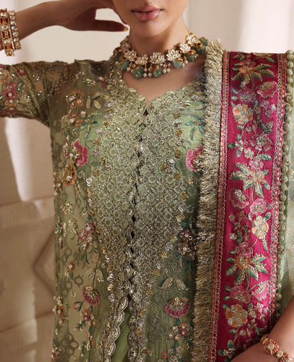Éliane lime green organza dress intricate floral embroidery detail