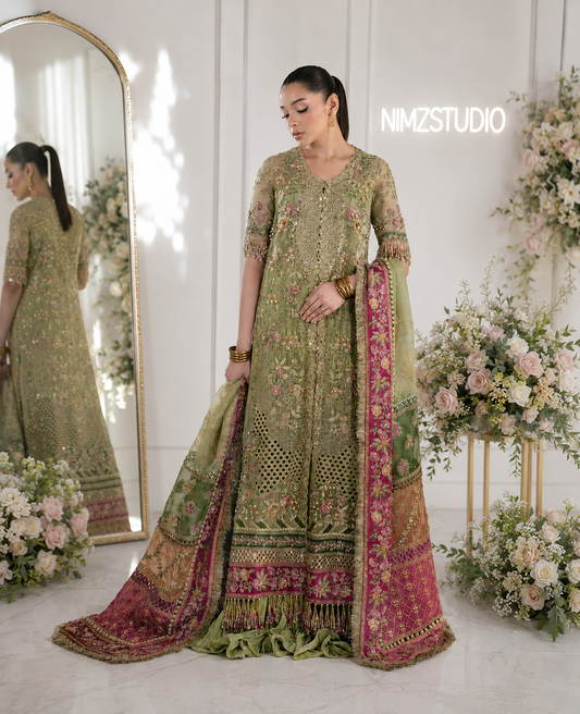 Éliane by Republic Womenswear lime green Pakistani organza suit with embroidered dupatta