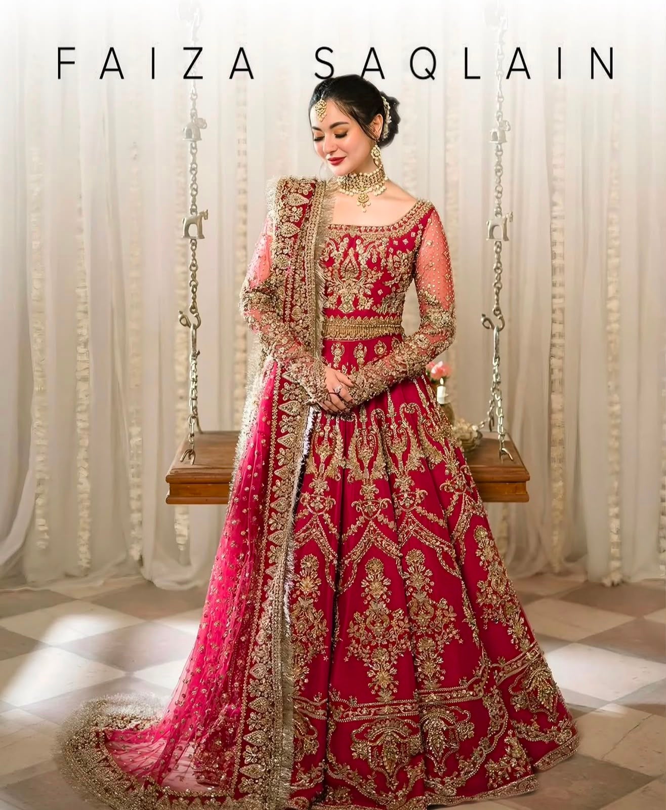 Faiza Saqlain Arusa bridal red raw silk 14 panel maxi with crystal pearls, kora dabka, stone handwork and luxury handmade dupatta.