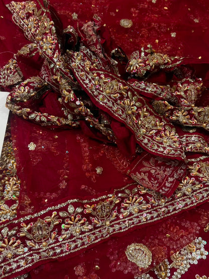 Premium raw silk fabric with luxury hand embroidery for Faiza Saqlain Arusa bridal maxi.