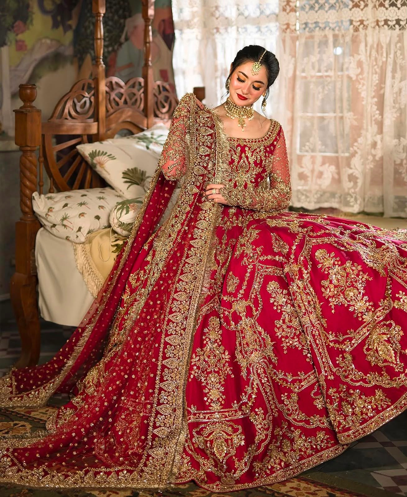 Luxury sleeve and bodice handwork of Faiza Saqlain Arusa red raw silk bridal maxi with crystal stones and kora dabka.