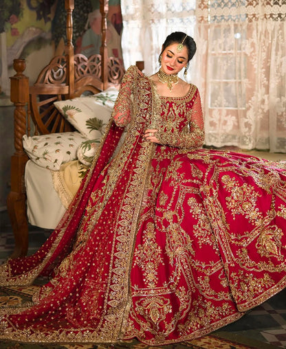 Luxury sleeve and bodice handwork of Faiza Saqlain Arusa red raw silk bridal maxi with crystal stones and kora dabka.