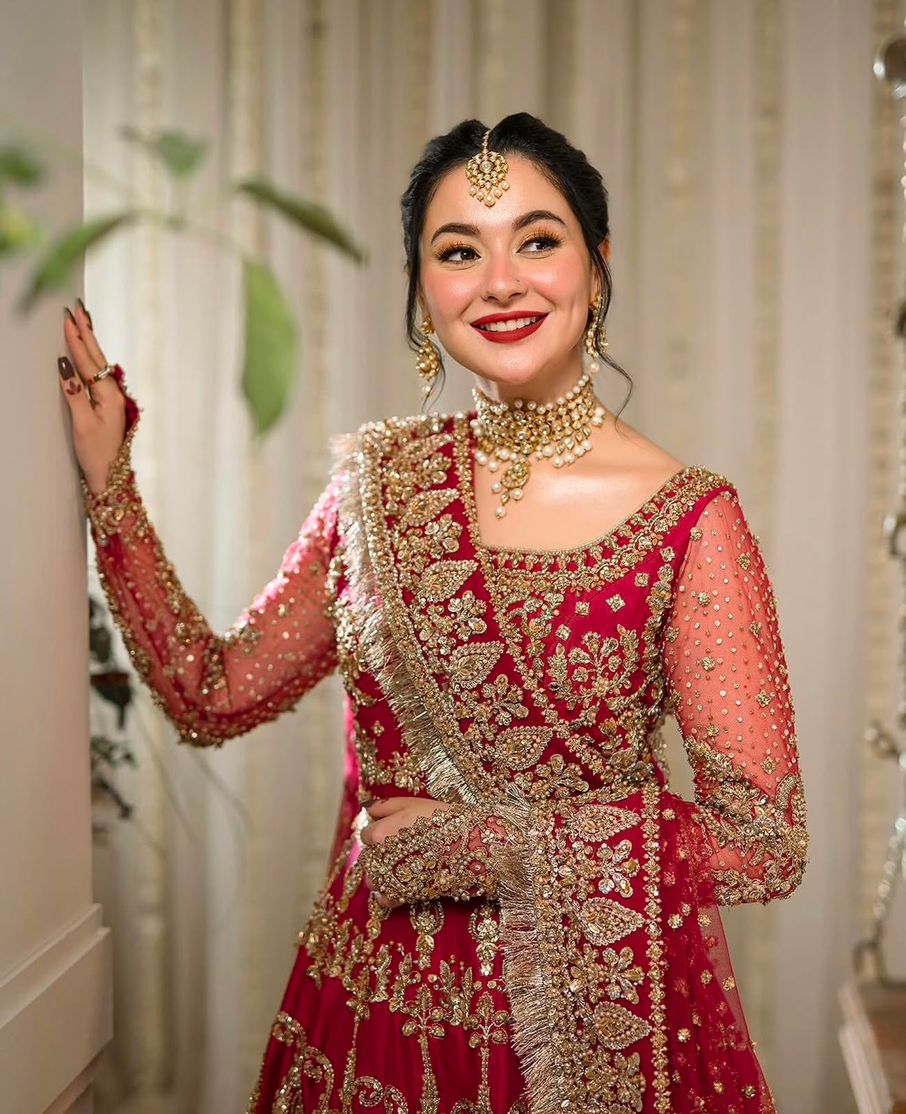 Front view of Faiza Saqlain Arusa luxury bridal red raw silk maxi featuring handcrafted crystal, pearl and kora dabka embroidery.