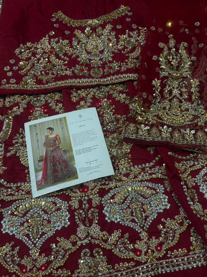 Handmade four side embellished bridal dupatta of Faiza Saqlain Arusa featuring crystal pearls and kora dabka work.
