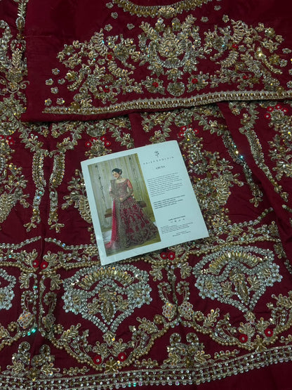 Luxury 14 panel embroidery detail of Faiza Saqlain Arusa bridal wedding maxi with handcrafted stone work.
