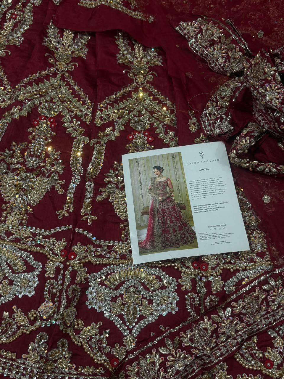 Heavy crystal pearl, kora dabka and zardozi inspired hand embroidery on Faiza Saqlain Arusa bridal outfit.