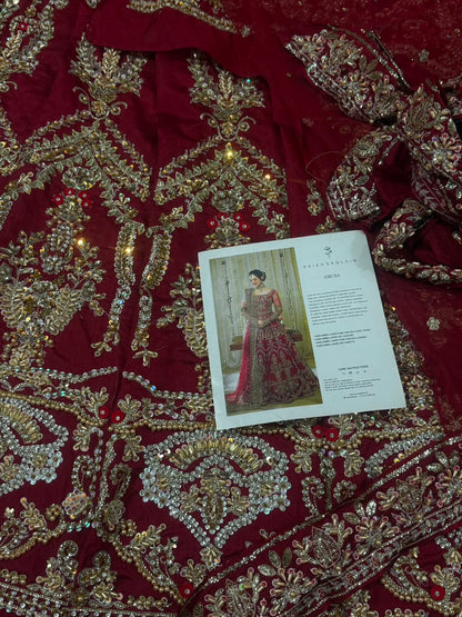 Heavy crystal pearl, kora dabka and zardozi inspired hand embroidery on Faiza Saqlain Arusa bridal outfit.