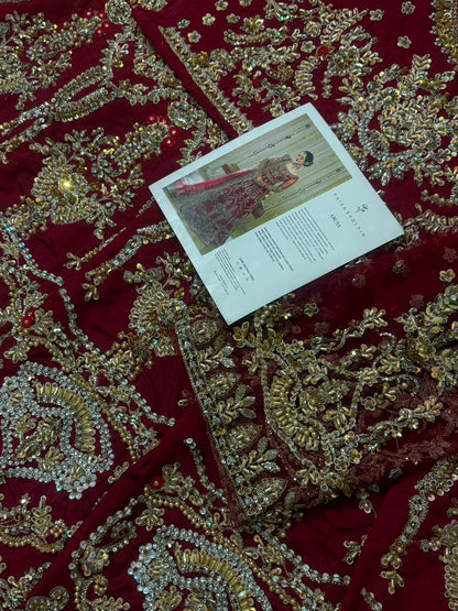 Premium raw silk bridal fabric with handcrafted embellishments on Faiza Saqlain Arusa luxury wedding dress.